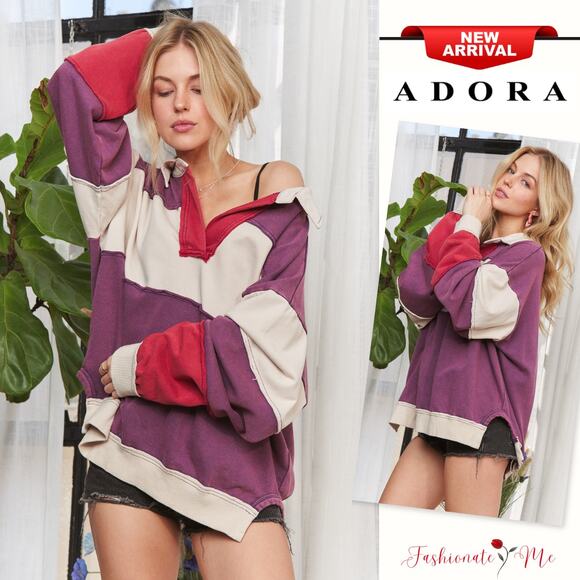 ADORA Out Seam Detail Color Block V-Neck Loose Fit Design Sweatshirt | Purple - Picture 1 of 9
